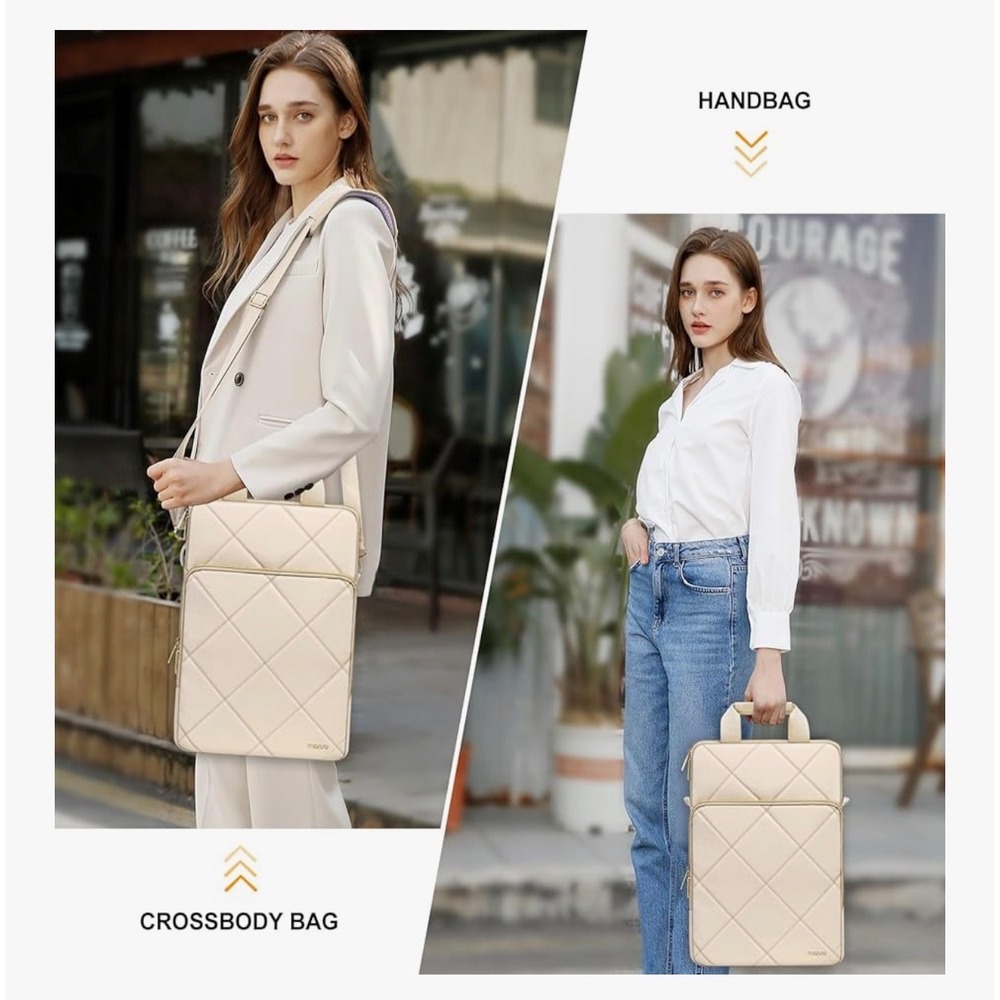 Mosiso Vertical‎ Quilted Laptop Shoulder Bag Cream Padded Travel Messenger Case - Picture 12 of 14